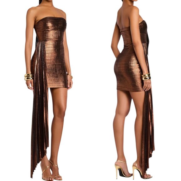 Retrofête Womens ‘Marcy’ Pleated Mini Dress Coffee Bean Metallic Bronze X-Large - Picture 1 of 16